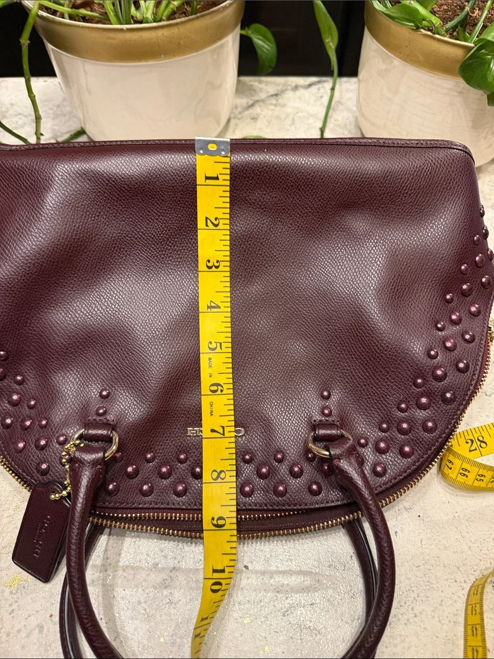 COACH Burgundy Studded Dome Satchel with Gold Hardware - Picture 13 of 13